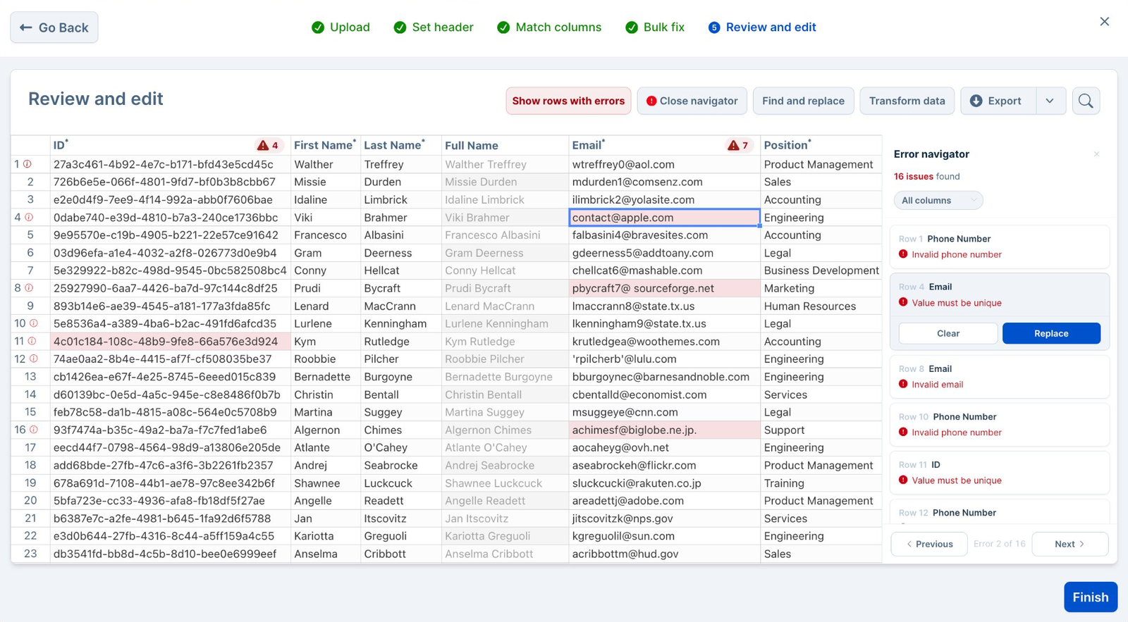 Dromo embedded CSV importer review step with invalid cells highlighted and an error navigator listing 16 issues