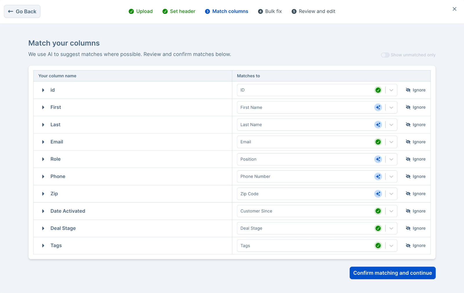 Dromo matching uploaded CSV columns such as Role and Zip to schema fields with AI suggestions