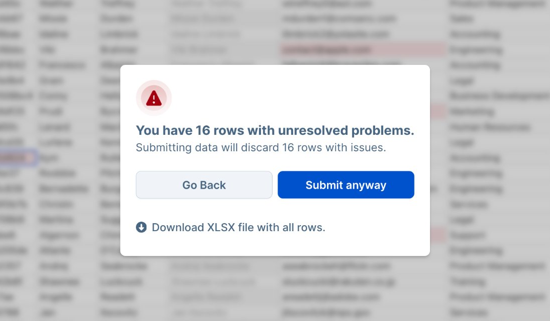 Dromo warning that 16 rows have unresolved problems, with an option to download the XLSX file